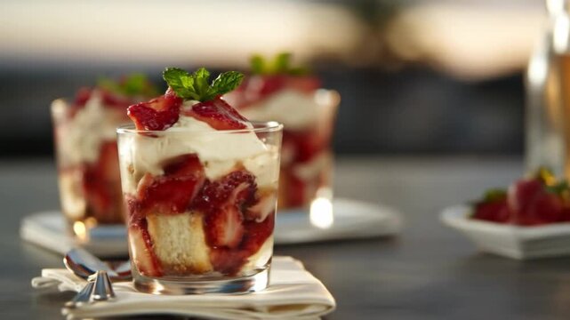 Fresh strawberry cream and cake layered dessert in glass cups with mint garnish