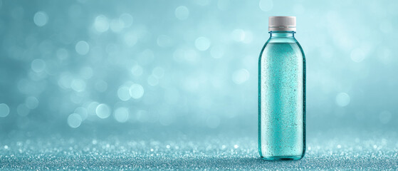 Minimalist transparent glass bottle showcasing purity and clarity, positioned on a reflective surface with a dreamy, light blue bokeh effect, ideal for medical or cosmetic themes