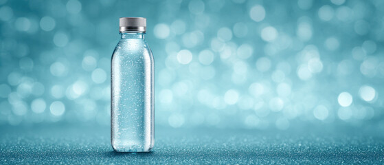 Empty glass bottle in bright blue sparkling background, perfect for product mockups and medical themes