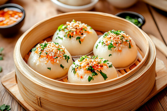 Steamed banh bao buns filled with savory ingredients, topped with peanuts and herbs, serving in a traditional bamboo steamer basket