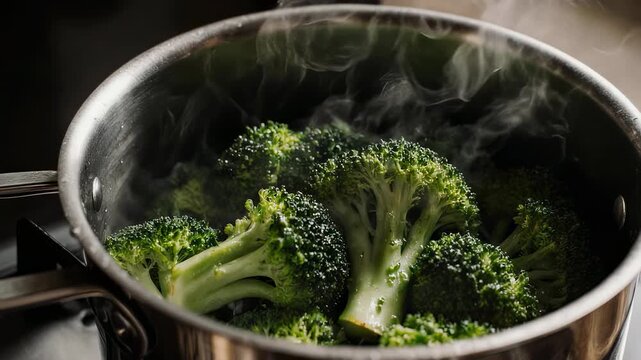 Steaming broccoli florets in a stainless steel pot with visible steam rising above the vegetables