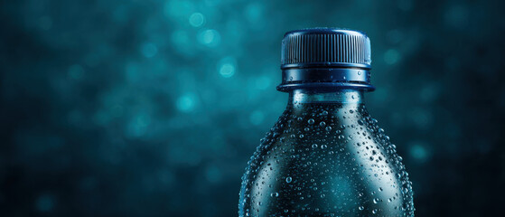 Closeup Of A Water Bottle With Condensation Against A Blurry Dark Blue Background