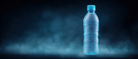 Transparent Water Bottle on a Dark Blue Smoky Background, Refreshing Beverage Concept
