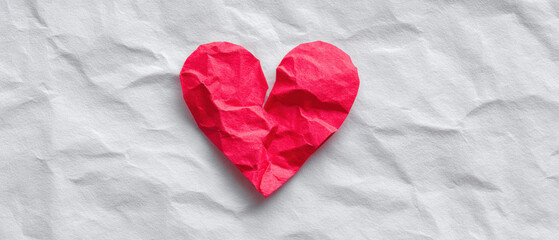Crumpled Heart" Red Heart on a Wrinkled White Paper Background