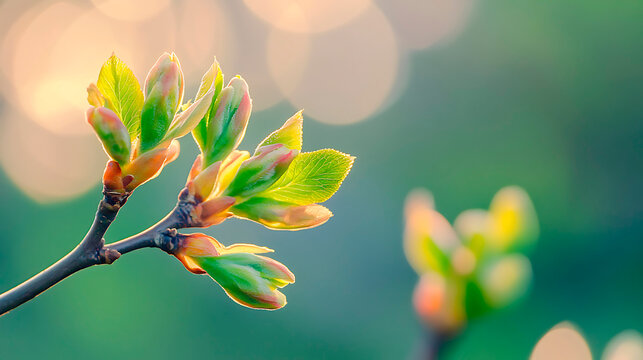 New buds and green leaves unfurling on a branch, symbolizing growth, renewal, and the arrival of spring season
