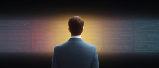 A solitary professional faces a vibrant digital interface brimming with analytical data and future projections, embodying strategic business intelligence and technological insight