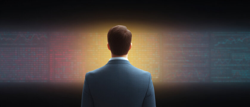A solitary professional faces a vibrant digital interface brimming with analytical data and future projections, embodying strategic business intelligence and technological insight
