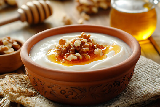 Creamy yogurt topped with golden honey and crunchy walnuts, offering a nourishing breakfast or healthy snack option