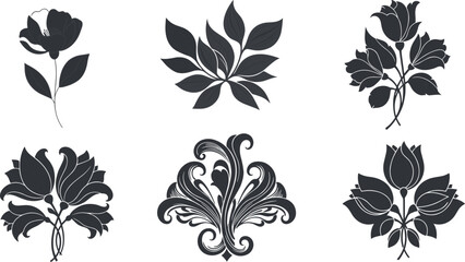Black floral vector elements, decorative flower motifs, symmetrical botanical designs, elegant ornament set, vintage flourish, leaf art, silhouette, nature, pattern