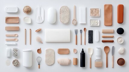 A collection of kitchen tools and small food items are neatly arranged on a white surface, showcasing a variety of textures and materials.