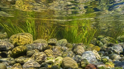 Underwater view of clear river with rocks and aquatic plants, in natural freshwater environment, close up, copy space.