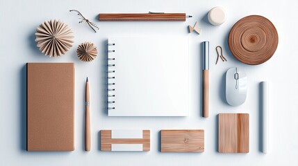A collection of natural-toned office supplies, including notebooks, pens, a mouse, and decorative paper elements, arranged neatly on a white surface.