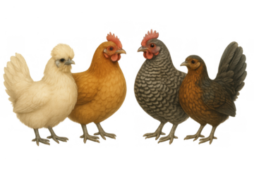 Group of various chicken breeds standing together, featuring a silkie, a hen, a barred rock and a bantam hen, on transparent background