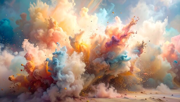 A colorful, explosive cloudscape with vibrant hues and a bright, central glow
