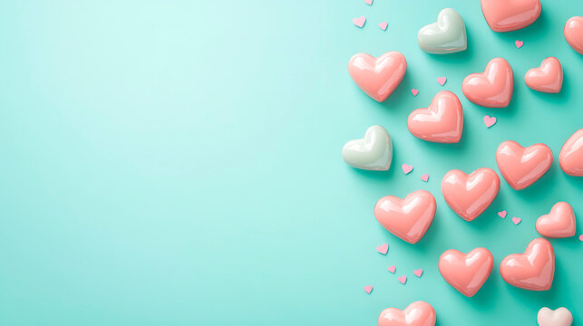 Pastel pink and light green hearts filling the right side of a mint green background, leaving copy space - Powered by Adobe