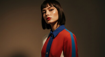 Woman in colorful modern fashion shirt with red lipstick and bob hairstyle on studio background for beauty and style concept.