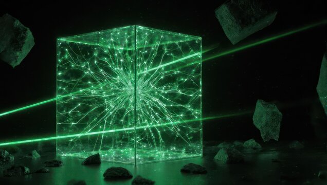 Abstract glowing green cube with laser beams and floating rocks in dark space.