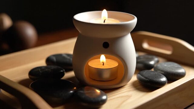 White ceramic aromatherapy diffuser with lit candles and smooth dark spa stones on a wooden tray for relaxation and wellness