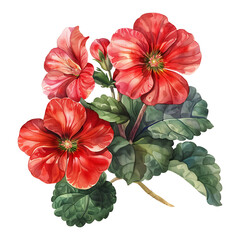 Watercolor Red Geranium Flowers and Leaves on transparent background
