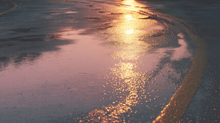 Obraz premium 雨上がりの石畳に映る夕焼けの反射