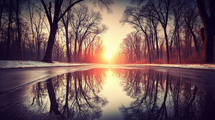 Obraz premium 雨上がりの石畳に映る夕焼けの反射