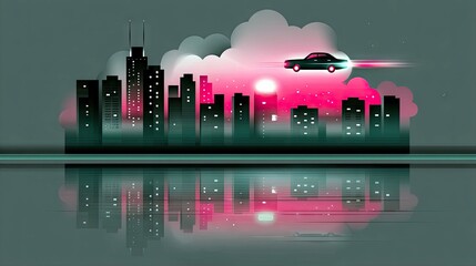 A stylized cityscape at dusk features silhouetted skyscrapers with glowing windows, a car flying through pink clouds, and its reflection in the water below.