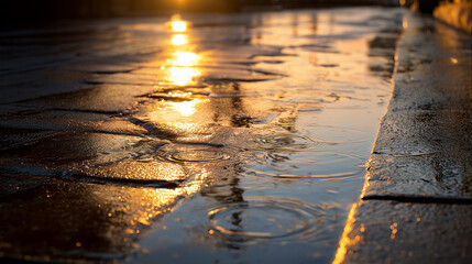 Obraz premium 雨上がりの石畳に映る夕焼けの反射