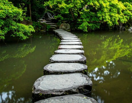 Stone pathway across pond, lush green trees and foliage in the background