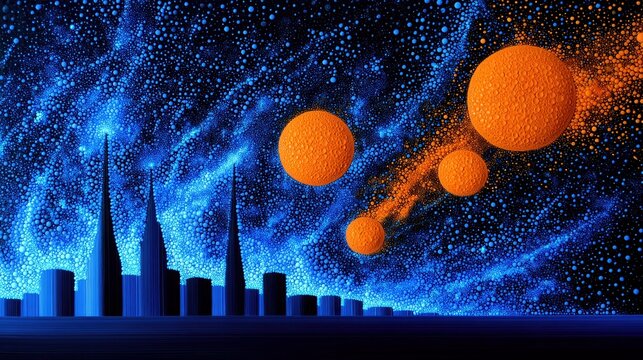 A futuristic city skyline is silhouetted against a vibrant blue nebula filled with glowing particles, with several orange celestial bodies in the sky.