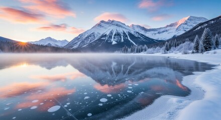 Stunning winter landscape of frozen lake with trapped ice bubbles and snowy mountains at sunrise