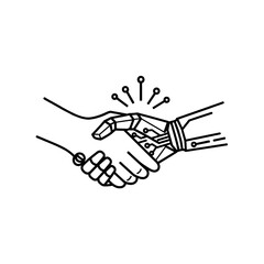 Human and robot hands shaking in a symbolic gesture of partnership, technology integration, and future collaboration, depicted as a black outline illustration isolated on transparent background.
