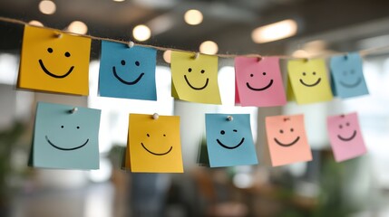 Colorful paper notes displaying various cheerful facial expressions hang strung across an indoor space