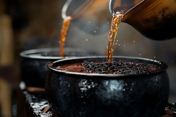 Hot liquid pouring into a large pot with black tea leaves, creating steam and sparks during the fermentation process