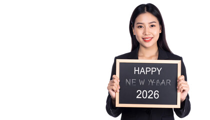 business woman holding a blackboard, with the words Happy New Year 2026