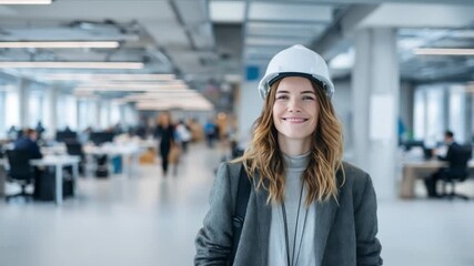 Architectural Confidence: An architect with a protective helmet exudes confidence while standing in a contemporary office setting, showcasing expertise and professionalism.