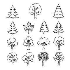 Diverse collection of tree outlines showcasing various species in a minimalist line art style, perfect for graphic design elements and nature-themed projects