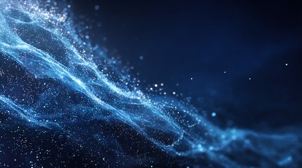 Abstract flowing particle wave, motion in dark blue space, blurred background, for science