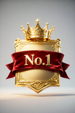 Golden shield with crown and red ribbon text No 1 ranking award emblem 3D illustration