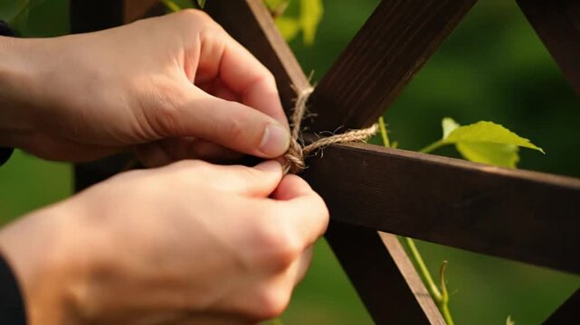 A person's hands carefully tying a climbing vine to a wooden trellis with natural string. A simple yet rewarding Home Improvement project for the garden