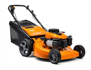 Fototapeta premium Orange Lawn Mower with Black Grass Catcher on White Background.