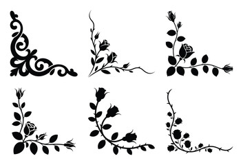 Elegant decorative corner elements featuring floral rose silhouettes and intricate scrollwork designs