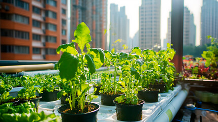 Green plants thriving in pots on a city rooftop, showcasing sustainable urban farming and local food production against a bright skyline