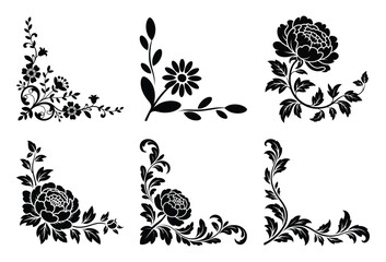 Elegant decorative floral and scrollwork corners collection in classic silhouette style art.