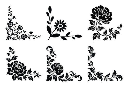 Elegant decorative floral and scrollwork corners collection in classic silhouette style art.