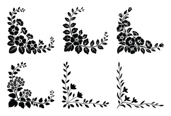 Elegant black floral corner designs set for decorative borders and frame embellishments