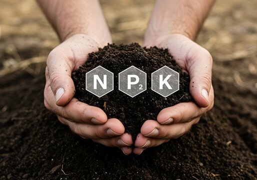 Human hands holding fertile soil with NPK fertilizer labels concept for agriculture and plant nutrition and gardening