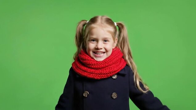 Little girl in winter clothes waving hello and smiling on a green screen.