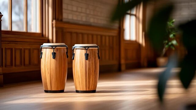 Two wooden percussion instruments standing in sunlit classical room with elegant paneling