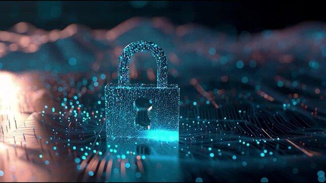 A futuristic 3D illustration of a glowing digital padlock floating within a semi-transparent cloud network structure. Highly detailed cyber grid lines weave through the clouds.