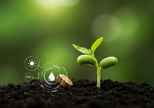 New plant growing from seed with digital interface on green background representing sustainable agriculture and innovative farming techniques